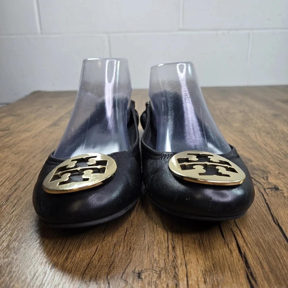 Tory Burch Reva Black Leather Ballet Flats Gold Logo Hardware